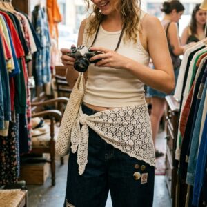 jeune femme dans une frip avec un jeans et un bandana dentelle à la taille