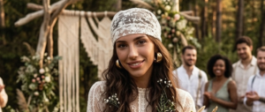 Jeune femme mariée au style boheme avec un bandana en dentelle dans les cheveux