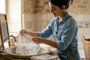 Femme qui lave son bandana en dentelle à la main